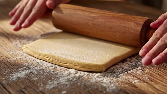 Wooden rolling pin resting on dough board in bakery