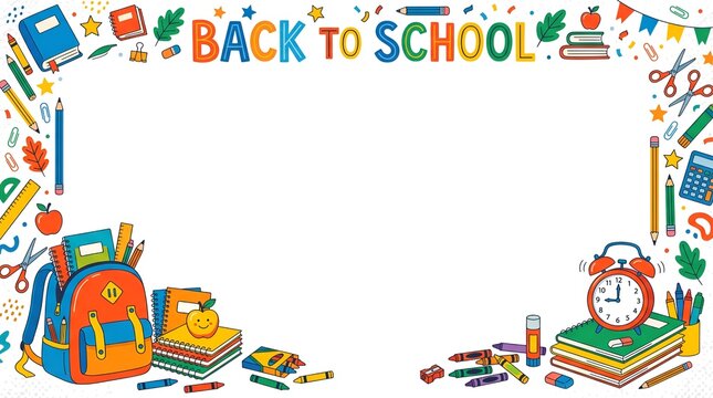 Back to school banner features a decorative border of colorful stationery items surrounding an empty white space.