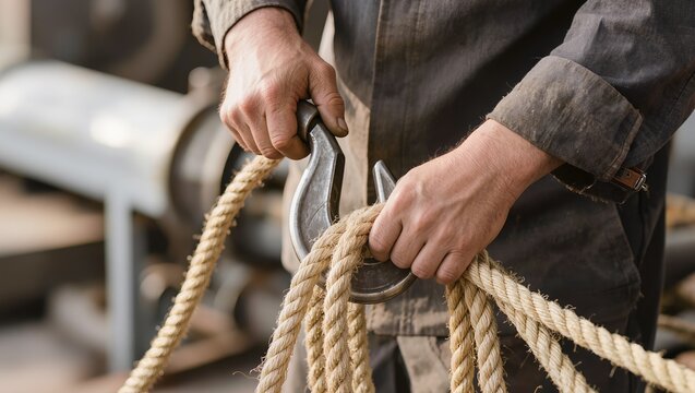 A worker in workwear holds a metal hook with thick fiber ropes, preparing for heavy lifting. Concept of industrial logistics, manual cargo handling, rigging, and warehouse operations