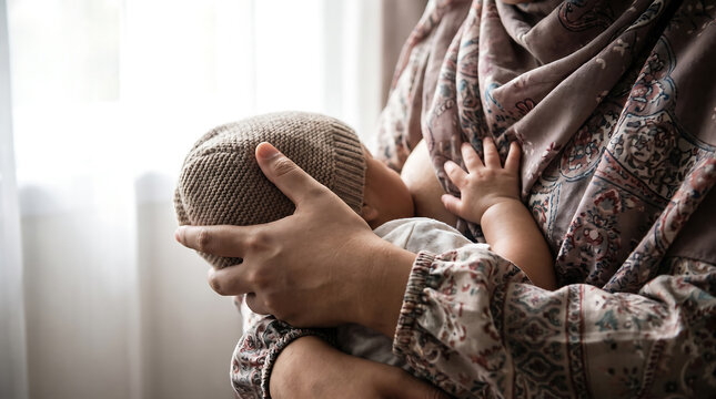 Mother wearing a hijab tenderly cradles her newborn baby while breastfeeding in a soft light indoor setting, capturing an intimate moment of maternal connection and care for the infant.