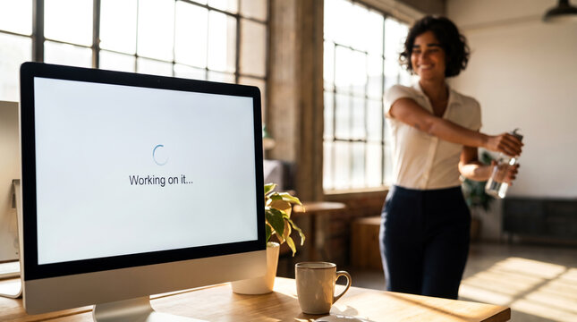 Close-up of a computer monitor displaying a loading screen while a blurred young woman takes a break