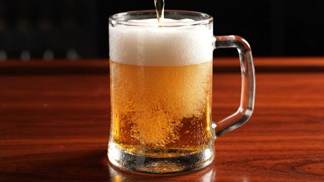 Pouring Cold Beer into a Clear Glass Mug with White Foam on a Wooden Bar Top, Close Up