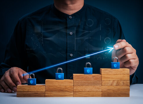 Data-driven cybersecurity growth concept with increasing security levels, digital protection and risk management. Intelligent security strategy, cyber resilience, compliance and business protection.