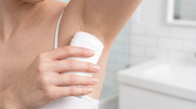 Woman applying deodorant under arm. Daily personal hygiene routine in a bright bathroom.