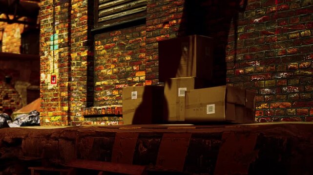 A close view of a brick wall with colors in an industrial setting. There is a cardboard box placed on a ledge and some materials scattered on the ground.