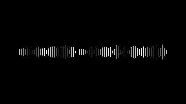 Minimalist sound wave pattern with white striped waveform bars on a black background. Abstract concept of audio signals, music tracks, recording, or voice recognition