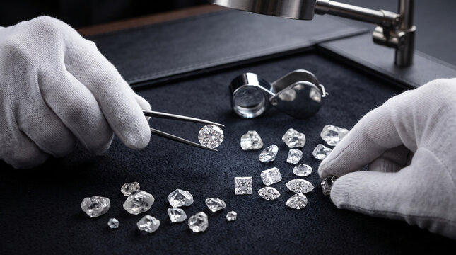 G jeweler hands in white gloves evaluating and sorting polished and rough diamonds with tweezers and loupe on black velvet background
