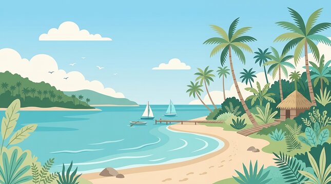 Beautiful Tropical Beach Landscape Illustration with Palm Trees Sand Sailboats and a Coastal Bamboo Hut by the Ocean