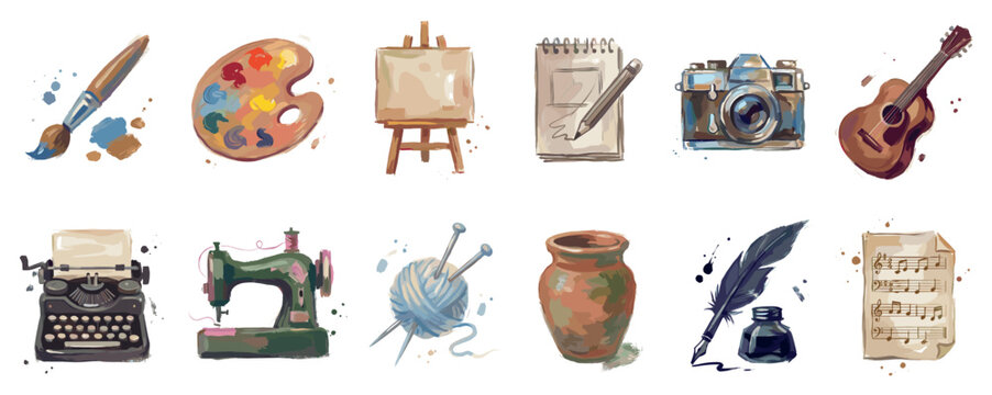 Creative hobbies icons set. Artistic and craft activities concept. Includes paintbrush, paint palette, easel, notebook, camera, guitar, typewriter, sewing machine, yarn, pottery, quill,