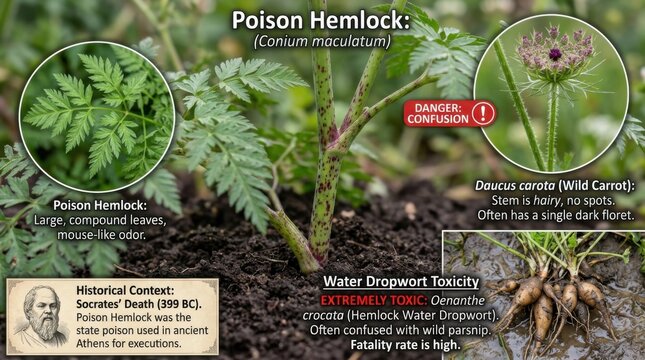 Traditional educational information wooden board tracking poison hemlock lifecycle matrix inside active conservatory pavilion