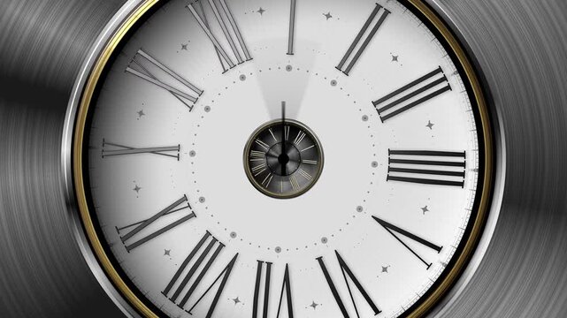 Fly through abstract vintage dark clock dial with golden roman numerals and white dial with black numerals . Concept of Infinite time, deadline, scheduling, time management, time travel and future
