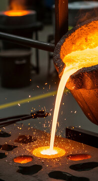 Molten metal pours from a crucible into a mold, with sparks flying, symbolizing creation, industry, and intense heat, indicative of manufacturing and craftsmanship.