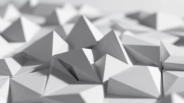 Macro Slide of Monochromatic White Origami-Like Sharp Folding Geometric Patterns Changing Shapes