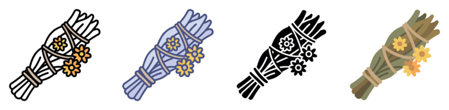 Sage smudge stick icons set. Spiritual cleansing and purification concept. Includes sage bundle, tied herbs, dried flowers, ritual tool. Flat, line, solid, and cartoon styles