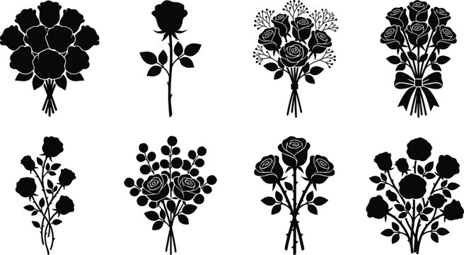 Rose bouquet silhouette icons featuring decorative floral arrangements with ribbons, foliage, and blossoms
