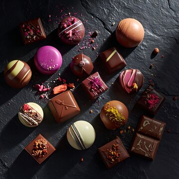 Assorted gourmet chocolate candies on table.