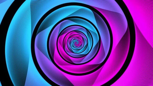 Minimal thin fluorescent spiral in infinite rotation. Funky holographic backdrop in retro style. Shiny fibonacci swirl in blue and purple neon colors. Seamless loop animation.