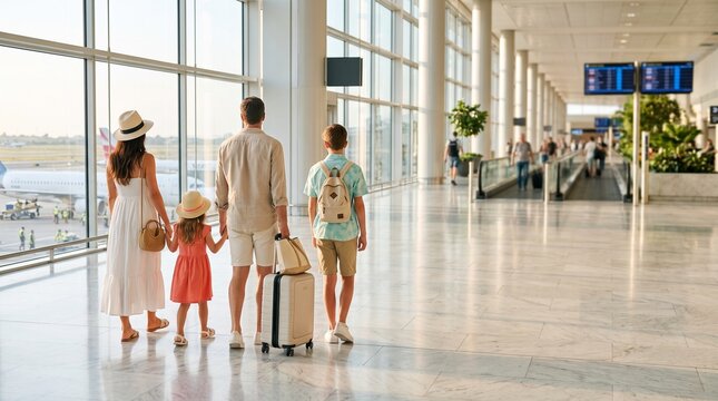 Happy family with two children walking in airport terminal holding hands and pulling suitcase on a summer vacation trip