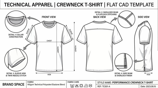 Technical flat CAD template for crewneck t-shirt, showing front, back and side views with detailed construction, provides apparel design documentation and garment manufacturing specifications
