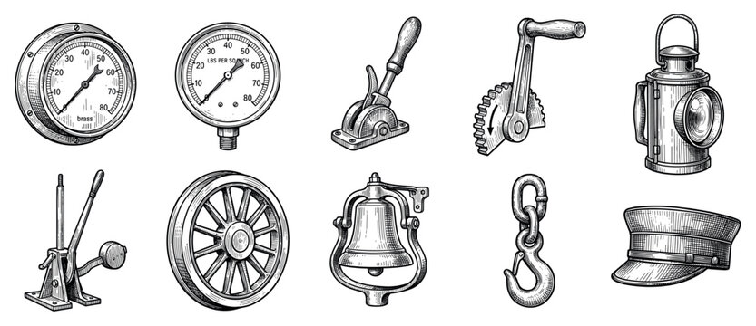 Train and railroad equipment icons set. Vintage transportation and railway concept. Includes pressure gauge, lever, lantern, signal switch, wheel, bell, hook, conductor hat. Engraved style