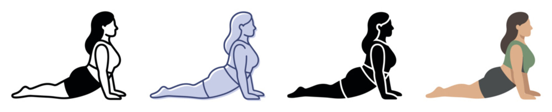 Yoga pose icons set. Health and wellness exercise concept. Includes cobra pose, upward-facing dog, bhujangasana, urdhva mukha svanasana. Flat, line, and solid styles