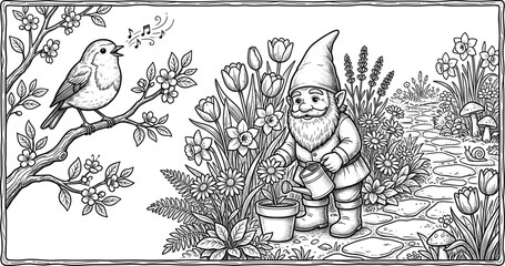 Hand drawn garden gnome watering flowers with a singing bird on a tree branch vintage style coloring page vector illustration isolated