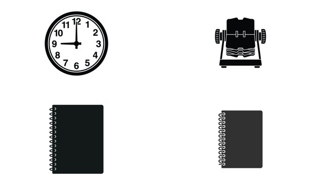 Wall clock rolodex and spiral notebook flat black vector icon set
