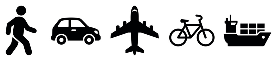 Fototapeta premium Transportation icons set. Modes of travel and movement concept. Includes walking person, car, airplane, bicycle, cargo ship. Solid black silhouette style