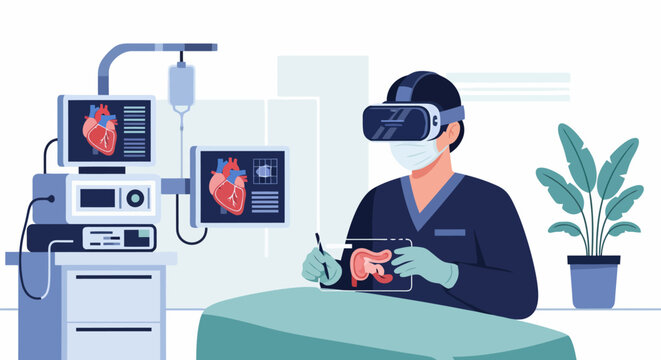 Surgeon wearing virtual reality headset performing medical procedure simulation