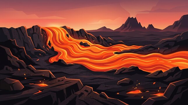Dramatic Illustration of Hot Molten Lava Flowing Through a Dark Volcanic Landscape Under a Red Sunset Sky Scene