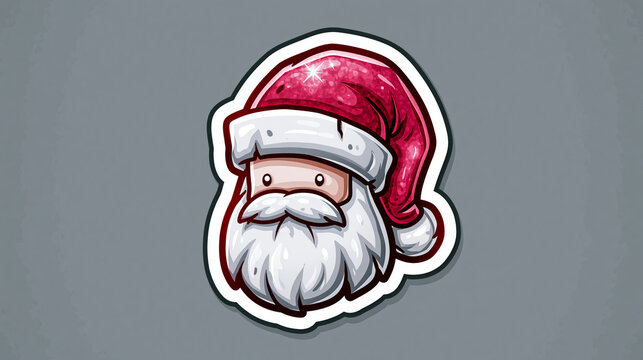 Sticker of a santa head with sparkling ruby red hat and white border on gray background