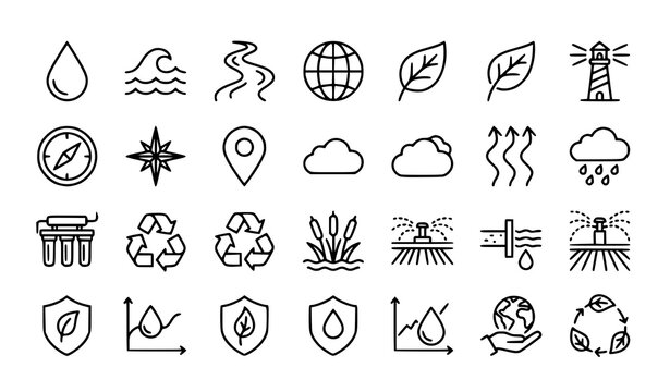 Editable water and ecology vector icon bundle with conservation and hydrology outline symbols