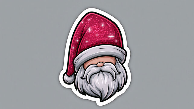 Sticker of a santa head with sparkling ruby red hat and white border on gray background