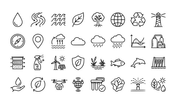 Water and nature ecology outline icon set with conservation hydrology and lighthouse vector
