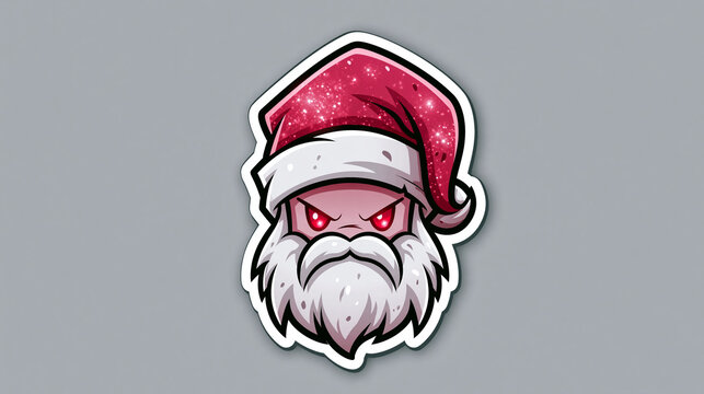 Sticker of a santa head with sparkling ruby red hat and white border on gray background