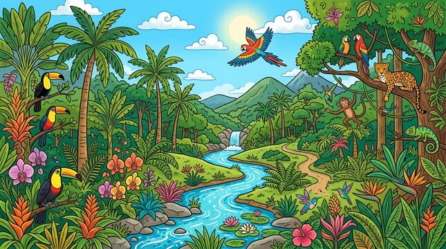 Vibrant Jungle Landscape Illustration with Waterfall River and Exotic Wild Animals Like Macaw Toucan and Jaguar