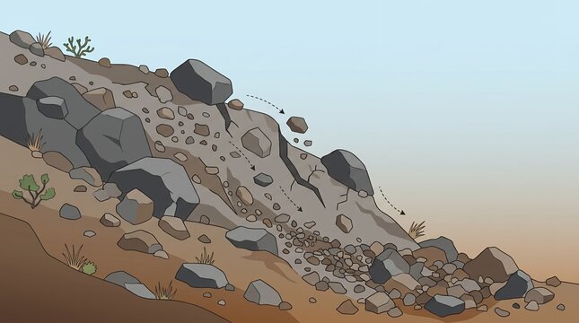 Illustration of a Dangerous Landslide with Rocks and Boulders Tumbling Down a Steep Slope in a Natural Setting.