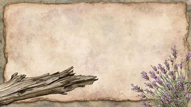 Vintage driftwood and sea lavender junk journal background with boho romantic paper texture