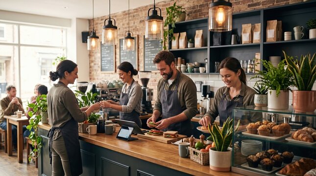Customers ordering in cozy plant filled cafe