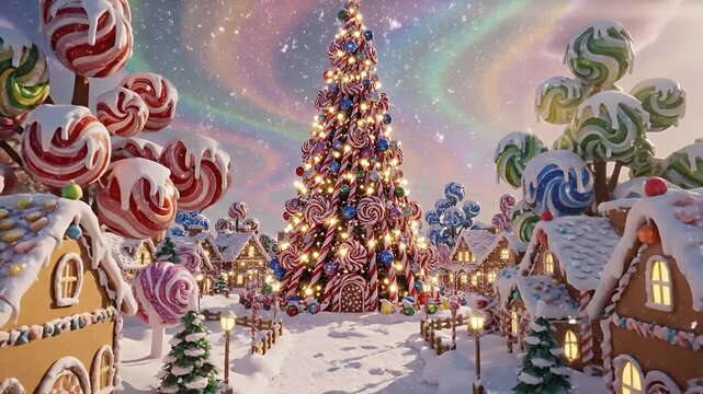Whimsical Snow-Covered Village Beneath a Vibrant Aurora and Candy Cane Rooftops