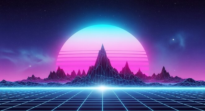Retro synthwave landscape with glowing neon sun over a perspective grid and digital mountains.