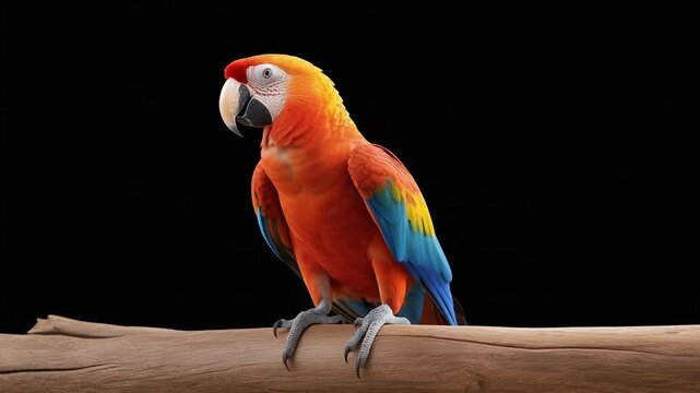 A brightly colored parrot perched on a wooden branch against a solid black background, with vivid red, orange, yellow, and blue feathers, white facial patch, and curved beak, highlighting tropical bir