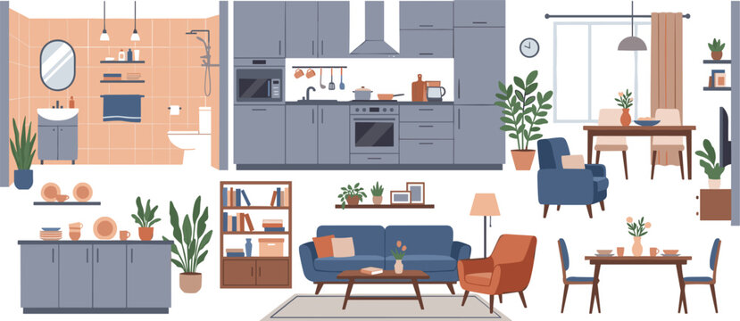Modern home interior furniture set vector illustration featuring kitchen cabinets bathroom living room sofa armchair dining table and apartment decor elements collection