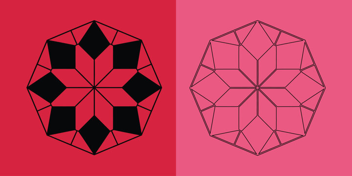 Geometric octagonal star pattern with solid black and outline versions on red and pink backgrounds
