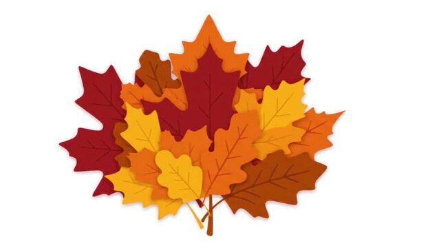 A high-quality 2D vector motion graphic showing a colorful pile of autumn foliage growing dynamically in the center of the frame. The animation features a mix of maple and oak leaves appearing in laye