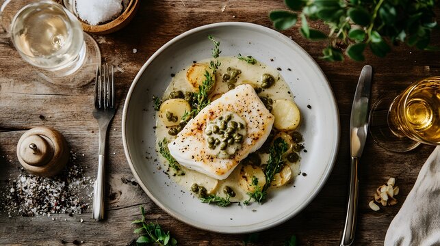 Pan Seared Cod Fish Fillet with Lemon Caper Butter Sauce, Roasted Potatoes, and Wine on Wooden Table