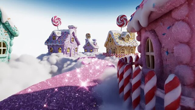 Whimsical Snowy Candy Village Above the Clouds with Glittering Pink Path