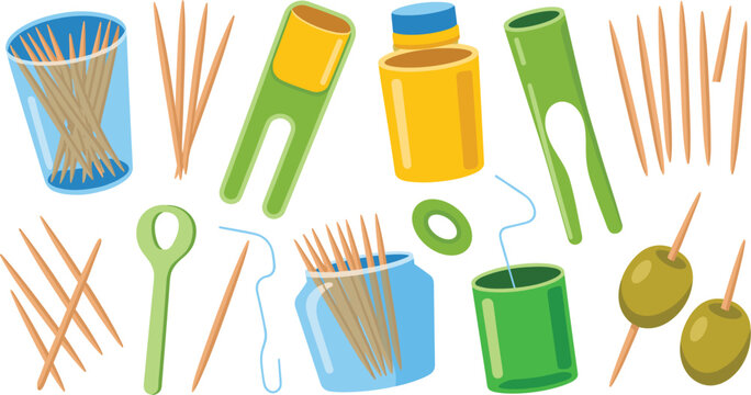 Toothpick and dental floss vector illustration set with wooden sticks, holders, and oral hygiene tools