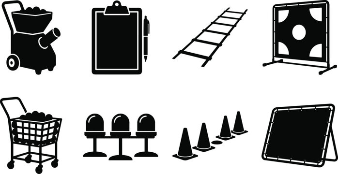 Tennis practice and training equipment black silhouette icons set vector illustrations isolated on white background