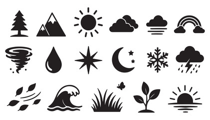 Obraz premium Nature and Weather Icons Set: Sun Rain Wind Mountain Tree Cloud